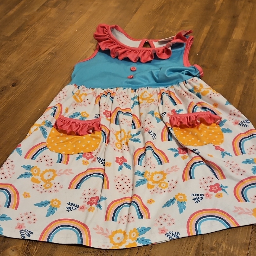 Colorful Kids Dress with Rainbow and Floral Design